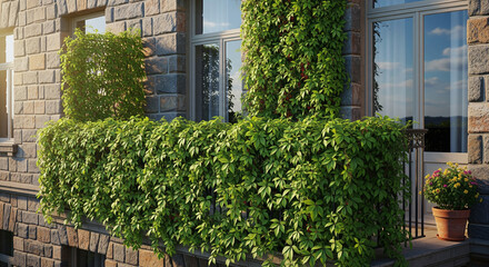 Lush Green Ivy Covering Stone Building Facade and Balcony in Sunlight.
A vibrant, close-up view of a historic stone building facade densely covered with lush green ivy and climbing plants
