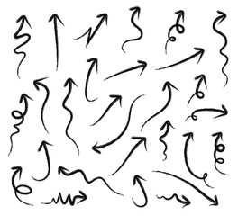 Hand drawn arrow doodles collection, sketch style curved arrows, abstract direction set for design and illustration