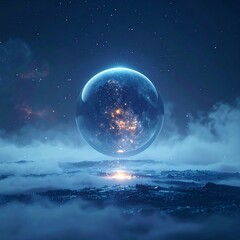 A mesmerizing orb hovers above a misty landscape, radiating an ethereal glow under a starlit night sky