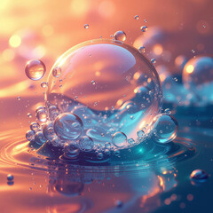 Captivating macro shot of water bubbles, reflecting a warm sunset palette, creating a serene and dreamy aquatic atmosphere