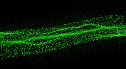 Abstract flowing green particles on black background