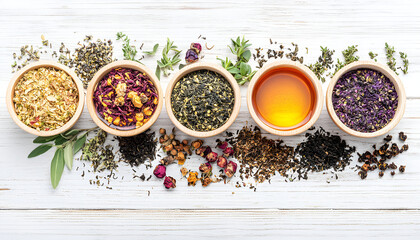 Different herbal teas and dry leaves on wooden table, flat lay