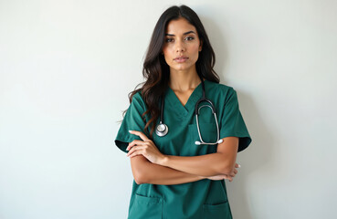 Young Hispanic woman doctor in green uniform with stethoscope stands confidently. Crossed arms, looks at camera. Serious female medical professional poses against white wall in medical setting ready