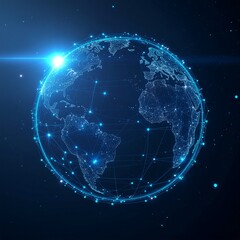 Digital earth hologram rotating with city lights and network connections in a dark blue space background