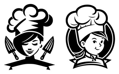 Cheerful Boy and Girl Chefs in Retro Badge – playful restaurant kitchen mascots with utensils vector illustration