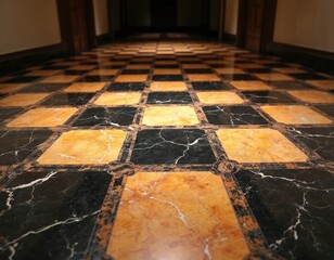 Black and yellow marble tiles form a checkerboard floor in a long hall. The polished stone surface gleams reflecting light from above. Geometric pattern guides perspective towards vanishing point.