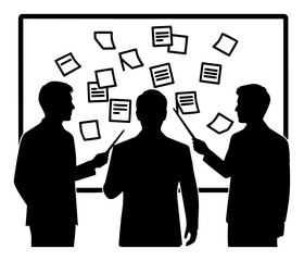 Business Team Brainstorming at Whiteboard with Sticky Notes – corporate meeting strategy vector illustration