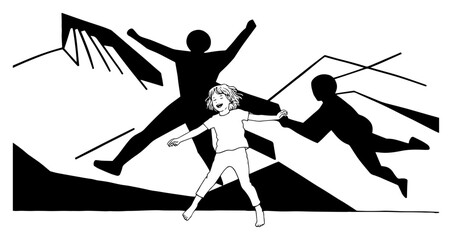 Flying Dreams Shadow Figures – imaginative silhouettes lifting child in abstract vector illustration