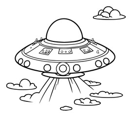 Cartoon UFO Hovering with Light Beams – playful flying saucer sky vector illustration