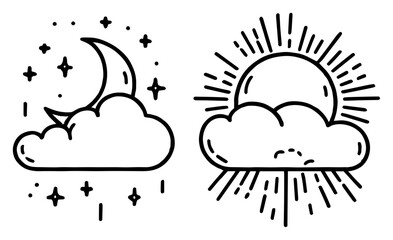 Day and Night Weather Icons – hand‑drawn cloud with sun and moon stars vector illustration
