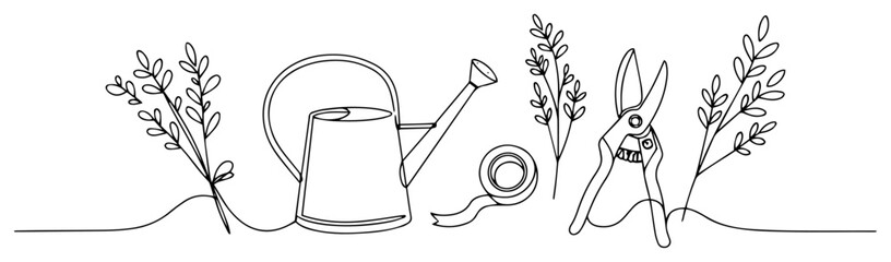 Gardening Tools and Herbs Continuous Line Art – watering can snips foliage vector illustration