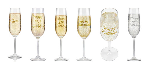 Champagne flute set including glitter, birthday, anniversary, and 'Cheers' themed glasses isolated. Festive celebration drinks.
