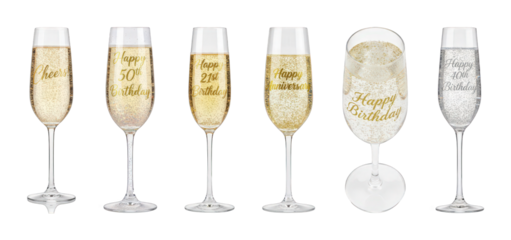 Champagne flute set including glitter, birthday, anniversary, and 'Cheers' themed glasses isolated. Festive celebration drinks.