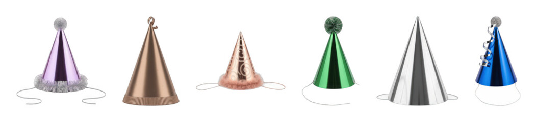 Fototapeta premium Metallic party hats set including various colors, pompoms, tinsel, and ribbon trims isolated. Festive celebrations and event accessories.
