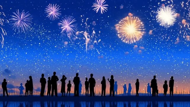 Silhouettes of people stand amidst a starry night sky, gazing upward.