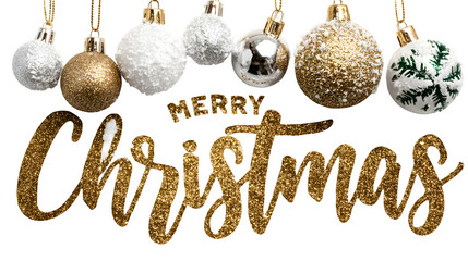 Festive Christmas lettering with golden glitter effect, snowflakes, and shiny ornaments isolated on white background