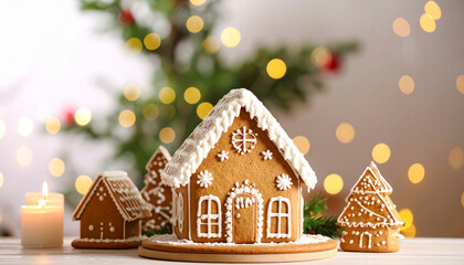 Obraz premium Beautiful and cozy Christmas background. Close up of gingerbread houses on table over lights blurred backdrop