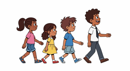 Diverse group of children walking together in a line