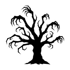 Spooky silhouette of a dead tree with claw like branches against a white background