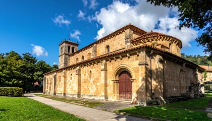 A stone structure under a brilliant blue sky. It features arched entryways, rectangular windows, and a red-tiled roof. Green trees surround the building