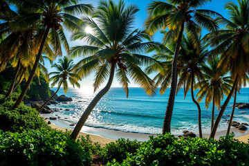 Obraz premium Tropical beach with palm trees and clear blue ocean under sunlight 