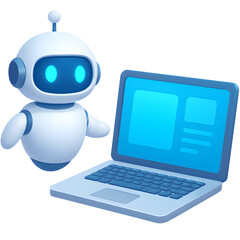 An intelligent robotic assistant working on a laptop, a concept for customer service, AI support, and modern tech innovation