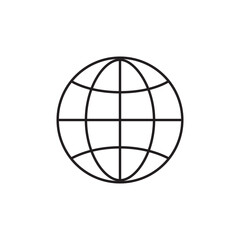 Simple Outline Globe Icon Showing Latitude and Longitude Lines: Vector Symbol for World Wide Web, Global Communication, International Business, and Internet Connectivity.