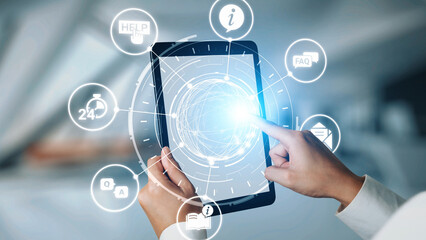 FAQ and online help icons show question, answer, and support system. FAQ improves online help experience, customer service quality, and FAQ knowledge access. Gist