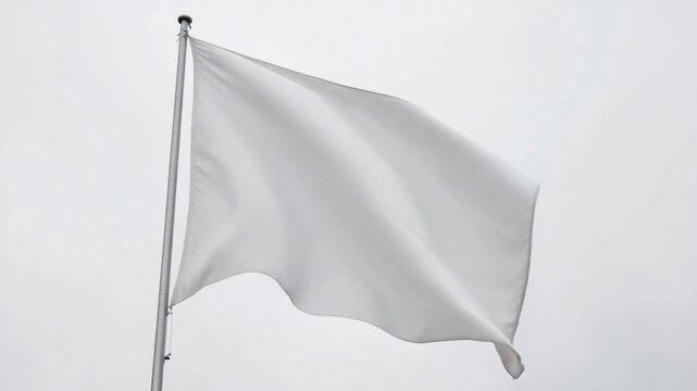 A plain white flag flies against a cloudy sky.