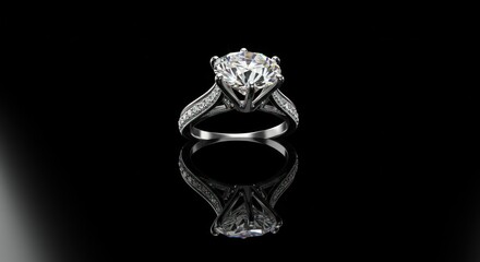 Diamond ring on black background with reflection