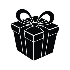 Black Silhouette Gift Box with Ribbon and Bow present On Transparent Background