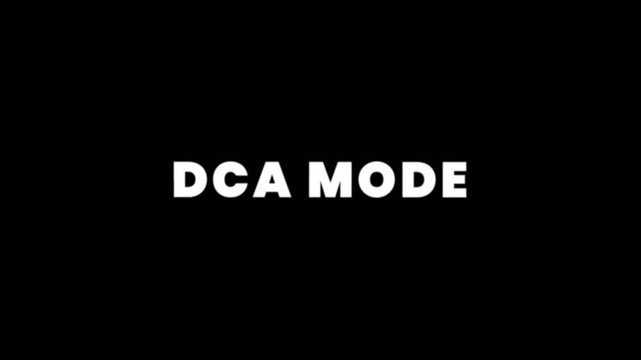 Looping text animation displaying the phrase "DCA Mode" in bold white letters on a black background. Ideal for cryptocurrency videos, finance presentations, investment tutorials, and motion graphics