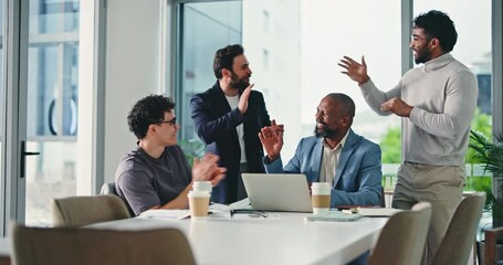 Applause, happy and business people with laptop in meeting, teamwork and stock market success. Achievement, collaboration and broker group celebration with tech, finance growth and winning in office. - Powered by Adobe