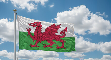 Welsh flag waving against blue sky with white clouds  