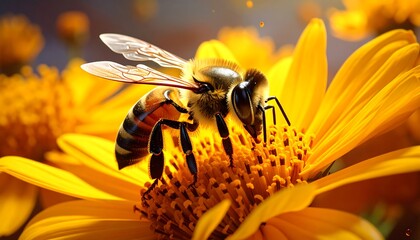 Honeybee on a Yellow Flower, Close-up, Nature, Beauty.
