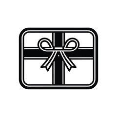 Black and white gift box icon with ribbon present On Transparent Background