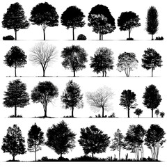 Fototapeta premium A diverse collection of black tree silhouettes on a white background.