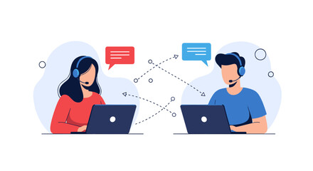 Customer service representatives communicating with customers via headsets and laptops.