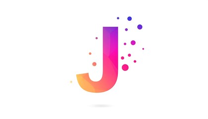 A capital letter "J" rendered in vibrant gradients and polygonal styles with scattered colorful dots for added detail