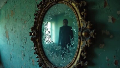 Shattered antique mirror with ornate gold frame hangs on old peeling green wall. Dark mysterious figure reflection appears in broken glass. Eerie, creepy atmosphere fills abandoned dusty room. Old