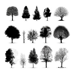A diverse collection of fifteen black tree silhouettes isolated on a white background.
