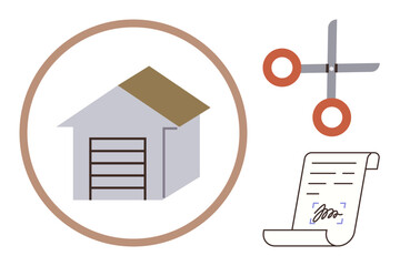 House inside circle, scissors, signed document signify property, transaction, agreement, finance, home ownership. Ideal for real estate, legal finance construction contracts home loans simple