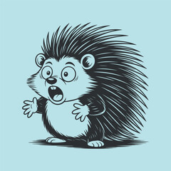 Obraz premium Surprised Hedgehog Illustration Vector in Dark Monochrome Style on Light Blue Background