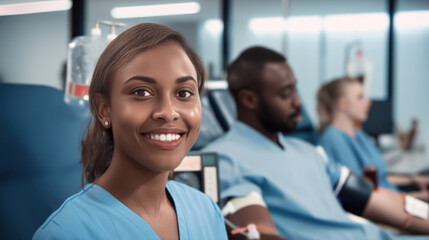 African American female donor donating in a modern bright medical clinic, blood donation concept