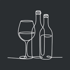 Line Drawing: Drink Glass and Bottles on Solid Color Background