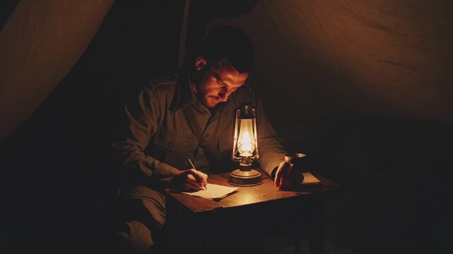  Homme &eacute;crivant &agrave; la lueur d&rsquo;une lampe dans une tente
