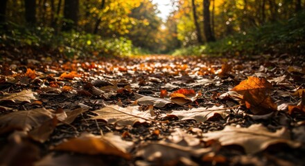 Forest path with fallen leaves and sunlight