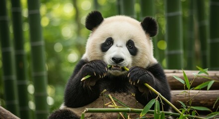 Obraz premium Giant panda bear eating bamboo plants close up