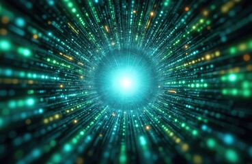 Digital tunnel with glowing blue and green lights speeds through space. Data streams, binary code, and information flow into bright light source. Futuristic abstract background.