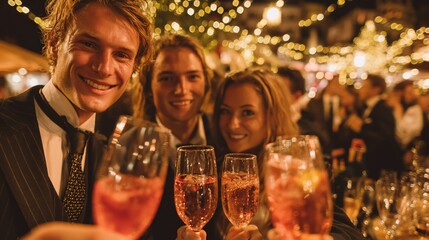 Festive gathering of elegantly dressed young adults celebrating with cocktails and lights creating
